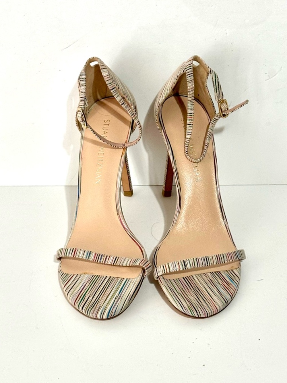 Stuart Weitzman Nudistsong Heels striped leather pattern ankle strap Size 8.5M